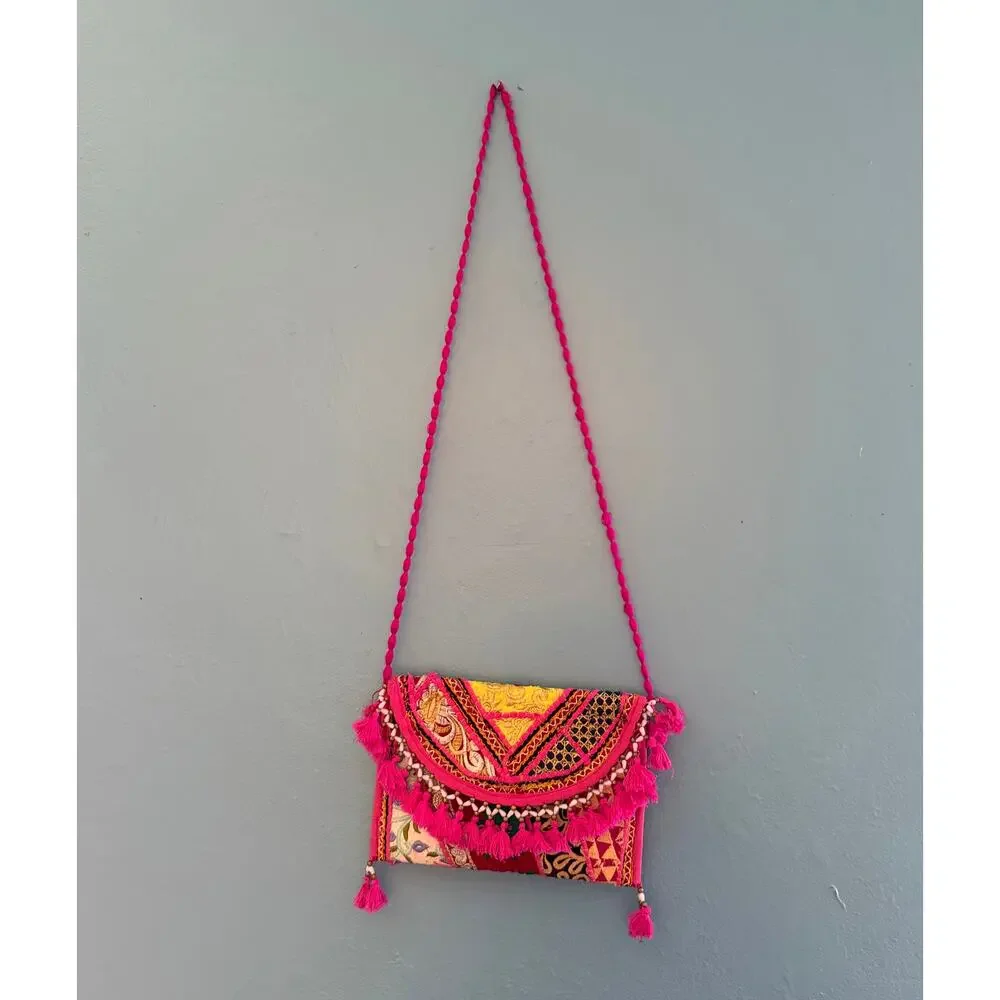 Rajasthani Banjara Patchwork Crossbody Clutch Bag Hot Pink Tassels Mirror Boho